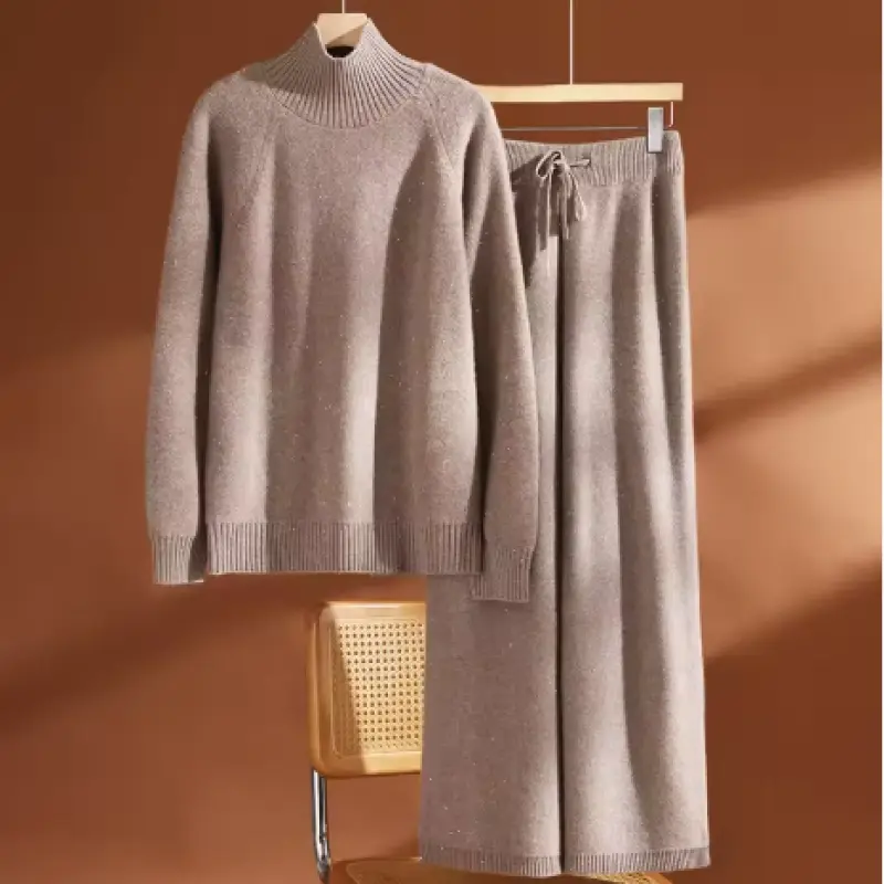 ADDONEE Autumn Winter Thick Women's 100% Wool Sweater Pants Set Sequins Turtleneck Pullover Wide Leg Pants Casual Knitwear